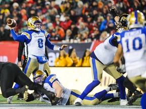 Zach Collaros #8 of the Winnipeg Blue Bombers passes against the Hamilton Tiger-Cats during the 107th Grey Cup Championship Game at McMahon Stadium on November 24, 2019 in Calgary, Alberta, Canada.