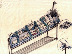 An image drawn by Abu Zubaydah, a prisoner at Guantánamo Bay, depicts how he says the CIA applied an approved torture technique where he was nude on a waterboard, immobilized as water pours down on his hooded head, his right foot contorted in pain. Sketches drawn in captivity by the first prisoner known to undergo “enhanced interrogation” portray his account of what happened to him in vivid and disturbing ways.