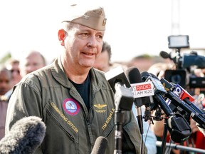Commanding Officer Timothy F. Kinsella Jr speaks at a press conference following a shooting on the Pensacola Naval Air Base on December 06, 2019 in Pensacola, Florida. The second shooting on a U.S. Naval Base in a week has left three dead plus the suspect and seven people wounded.