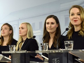 Minister of Education Li Andersson, Minister of Interior Maria Ohisalo, Prime Minister Sanna Marin and Minister of Finance Katri Kulmuni attend a news conference of the new Finnish government in Helsinki, Finland December 10, 2019.