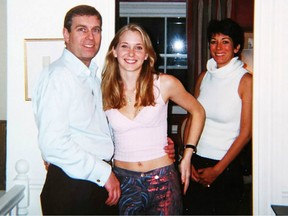 Virginia Giuffre, middle, pictured with Prince Andrew, left, and Ghislaine Maxwell, right.