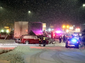 A pileup on Highway 401 westbound between Montreal Street and Highway 15 in Kingston on Sunday night, Dec. 1, 2019 involved an estimated 30 to 40 vehicles, killing one person and injuring others.