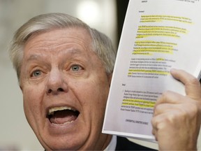 Senate Judiciary Committee Chairman Lindsey Graham (R-SC) holds up a copy of the Steel dossier as Michael Horowitz, inspector general for the Justice Department, testifies before the Senate Judiciary Committee in the Hart Senate Office Building on December 11, 2019 in Washington, DC.