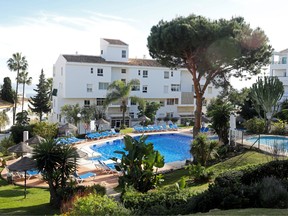 A general view of a swimming pool where three members of the same British family, a father and two children, were found on Christmas Eve at a Costa del Sol resort in Las Lagunas de Mijas, southern Spain December 25, 2019.