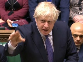 A video grab from footage broadcast by the UK Parliament's Parliamentary Recording Unit (PRU) shows Britain's Prime Minister Boris Johnson speaking at the opening of the Second Reading of the European Union (Withdrawal Agreement) "Brexit" Bill in the House of Commons in London on December 20, 2019.