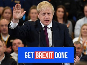 British Prime Minister and Conservative Party Leader Boris Johnson speaks at a rally in Uttoxeter, Staffordshire, on Dec. 10, 2019, two days before Britain's general election.