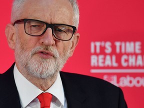 British Labour Party Leader Jeremy Corbyn gives a speech at York College, in York, northern England, on Dec. 1, 2019. Britain will go to the polls on Dec.12.