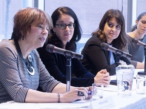 Helene David of the Liberal party responds to a question as Quebec Justice Minister Sonia Lebel, Veronique Hivon of the PQ and Christine Labrie of Quebec Solidaire, left to right, look on after announcing the formation of a committee of experts to accompany victims of sexual assault and of domestic violence in Montreal on Monday, March 18, 2019.