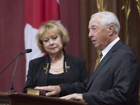 Michel Doyon is sworn in as Lt. Governor of the province of Quebec by Quebec Chief Justice Nicole Duval Hesler, Thursday, September 24, 2015 at the legislature in Quebec City. Quebec's chief justice, who is presiding over an appeal to the province's secularism law, will no longer be speaking to an association of Jewish lawyers in Montreal following accusations of a conflict of interest.