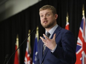 Elmwood-Transcona NDP MP Daniel Blaikie delivers remarks at the Canadian National Prayer Breakfast in Ottawa on Thursday, May 2, 2019. Federal New Democrats are asking the Liberal government to provide Canadians with more information about what is contained in the new North American free trade deal and commit to regular reviews of its impact on the country after it comes into force.