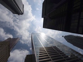 A group of Yukon First Nation leaders are meeting with bankers today in Toronto to try and convince them not to invest in energy development on the range of a vital caribou herd. Bank towers are shown from Bay Street in Toronto's financial district, on Wednesday, June 16, 2010.