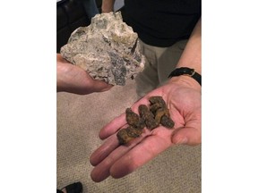 This April 11, 2017 photo shows nuggets of the rust-colored mineral pyrrhotite, right, and a chunk of concrete containing the mineral that's been removed from a crumbling basement, left, in Willington, Conn.