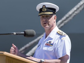 Vice-Admiral Art McDonald, the new head of the Navy, addresses the audience at the Royal Canadian Navy Change of Command ceremony in Halifax on Wednesday, June 12, 2019. Canada's top sailor says there is still "good life" left in the navy's submarines and that with some modest investments, they will be able to operate through to the 2030s.