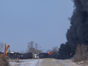 Canadian Pacific Railway says it expects the last parts of damaged cars will be removed by the end of the week from the site of a fiery derailment in Saskatchewan. Emergency crew respond to CP Rail train hauling crude oil that derailed near Guernsey, Sask., Monday, Dec. 9, 2019.