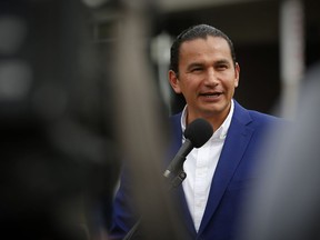 Manitoba NDP leader Wab Kinew speaks with media in Winnipeg's west end, Monday, September 9, 2019. Manitoba's Opposition New Democrats want to give the title of honorary first premier to Metis leader Louis Riel.