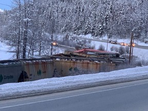 Emergency responders attend to the scene of a train derailment in the eastern B.C. region of Fraser Fort George in a Thursday, Dec. 26, 2019, handout photo.