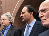 David Sidoo, centre, with two of his attorneys, speaks outside Boston federal court after pleading not guilty to charges of participating in the largest college admissions fraud scheme in U.S. history in Boston, Massachusetts, March 15, 2019.