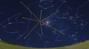 Simulation of this weekend’s night sky featuring the constellation Gemini alongside the Moon and other constellations, in blue. The meteors will appear to radiate outward from Gemini across the night sky, indicated by the yellow arrows.