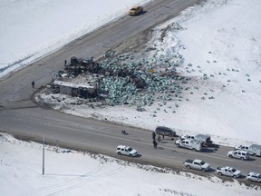 The wreckage of the Humboldt Broncos hockey bus crash is shown outside of Tisdale, Sask., on April, 7, 2018.