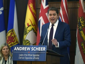 Conservative leader Andrew Scheer makes an address during a caucus meeting on Parliament Hill in Ottawa, on Wednesday, Dec. 4, 2019.