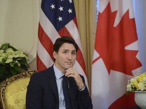 Prime Minister Justin Trudeau meets U.S. President Donald Trump, not shown, at Winfield House in London on Tuesday, Dec. 3, 2019.