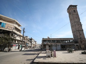 A picture taken on December 22, 2019 shows a deserted street in Maaret al-Numan in Syria's southern Idlib governorate.