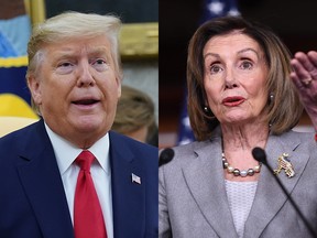 A photo showing two separate images of Donald Trump (L) and Nancy Pelosi (R) cropped together.