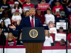 U.S. President Donald Trump speaks during a campaign rally on December 10, 2019 in Hershey, Pennsylvania. This rally marks the third time President Trump has held a campaign rally at Giant Center.  The attendance of both President and Vice President signifies the importance Pennsylvania holds as a key battleground state.