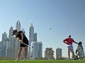 Georgia Hall of England plays the 13th hole during the first round of the 2017 Dubai Ladies Classic on December 6, 2017 in Dubai, United Arab Emirates.