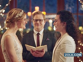 A screengrab from a zola.com commercial yanked, then reinstated over the weekend by the Hallmark Channel.