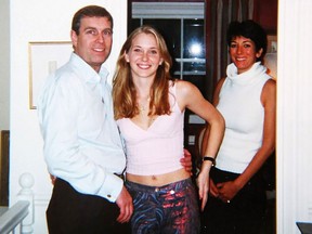 Virginia Giuffre, centre, – previously Virginia Roberts – one of Jeffrey Epstein’s alleged victims, has testified that she was forced to have sex with Britain's Prince Andrew in London when she was 17. He denies the claims. She is seen here with Prince Andrew and Ghislaine Maxwell.