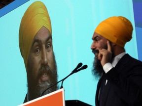 Federal NDP Leader Jagmeet Singh delivers his speech during the B.C. NDP Convention at the Victoria Convention Centre in Victoria, on Nov. 23, 2019.