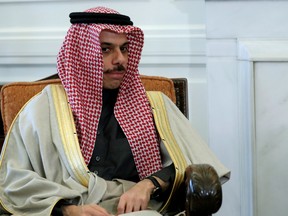 Saudi Arabia's Foreign Minister Prince Faisal bin Farhan al-Faisal attends a meeting with Greek Foreign Minister Nikos Dendias (not pictured) at the Foreign Ministry in Athens, Greece January 24, 2020.
