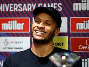 Andre De Grasse during a press conference at the Diamond League in London on July 19, 2019.