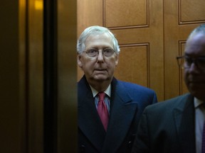 Senate Majority Leader Mitch McConnell, a Republican from Kentucky, exits the U.S. Capitol in Washington D.C., U.S., on Tuesday, Jan. 28, 2020.