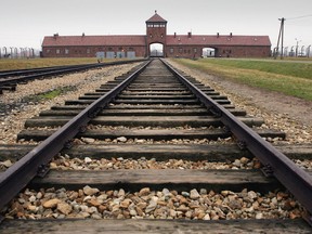 The railway tracks leading to the main gates at Auschwitz II - Birkenau seen on December 10, 2004.