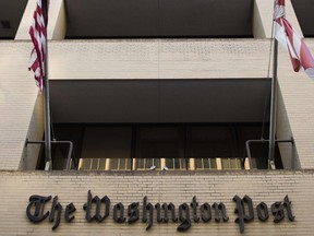A view of the sign in front of the Washington Post building in Washington, DC, Oct. 19, 2015.