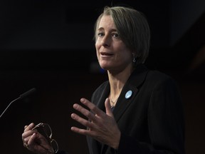 Professional Institute of the Public Service of Canada President Debi Daviau speaks with the media about the Phoenix pay system during a news conference in West Block, Monday February 25, 2019, in Ottawa.