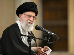 A handout picture provided by the office of Iran's Supreme Leader Ayatollah Ali Khamenei shows him addressing a meeting in Tehran on January 8, 2020.