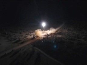 An image grab from footage obtained from the state-run Iran Press news agency on January 8, 2020 allegedly shows rockets launched from the Islamic republic against the US military base in Ein-al Asad in Iraq the previous night.