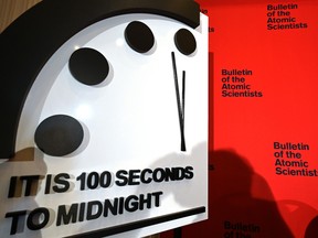 The Doomsday Clock reads 100 seconds to midnight, a decision made by The Bulletin of Atomic Scientists, during an announcement at the National Press Club in Washington, DC on January 23, 2020.