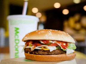 A McDonald's "PLT" burger with a Beyond Meat plant-based patty at one of 28 test restaurant locations in London, Ontario. McDonald’s is expanding its trial.