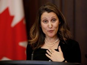 Deputy Prime Minister Chrystia Freeland speaks to reporters in the House of Commons foyer on Parliament Hill in Ottawa on Jan. 27, 2020.