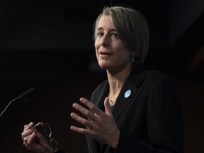 Professional Institute of the Public Service of Canada President Debi Daviau speaks with the media about the Phoenix pay system during a news conference in West Block, Monday February 25, 2019, in Ottawa. One of Canada's biggest civil service unions says outsourcing of work that could be done by government employees is costing taxpayers billions of dollars, with much of the money spent on sub-par work or failed IT projects.