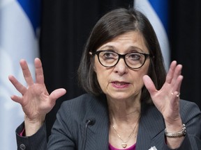 Quebec Health and Social Services Minister Danielle McCann responds to reporters questions after she tabled a report on end of life care, Wednesday, April 3, 2019 at the legislature in Quebec City.