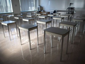 A empty classroom is pictured at McGee Secondary school in Vancouver on September 5, 2014.
