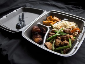 Canada's restaurant owners are eager to do their part to curb this country's addiction to plastics but are urging the government to make sure there is enough time for their industry to adapt before fully banning plastic take-out containers. A Styrofoam container is shown with take out food at a restaurant in Washington, Thursday, Dec. 31, 2015.
