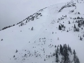 A view of an avalanche on Mount Hector is shown in a handout photo. Avalanche Canada says a skier who was caught in an avalanche Friday in Banff National Park has died from her injuries. STARS Air Ambulance has said the 32-year old woman was flown to a Calgary hospital in life-threatening condition. THE CANADIAN PRESS/HO-Avalanche Canada MANDATORY CREDIT