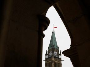 The flag flies at half-mast from the Peace Tower on Parliament Hill on Jan. 8, 2020, to honour the victims of Ukraine International Airlines Flight 752.