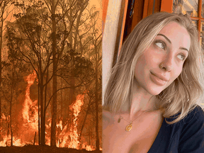 A combined image depicting the wildfires raging in Australia and nude model Kaylen Ward.